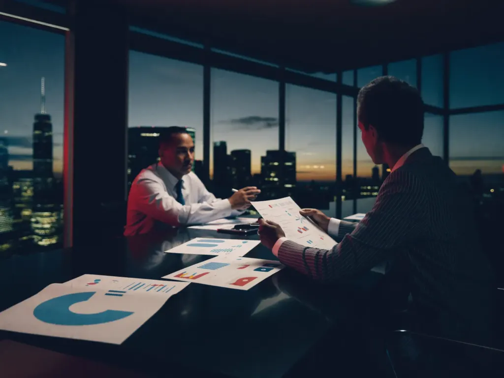 Executives reviewing strategy charts in a boardroom at dusk