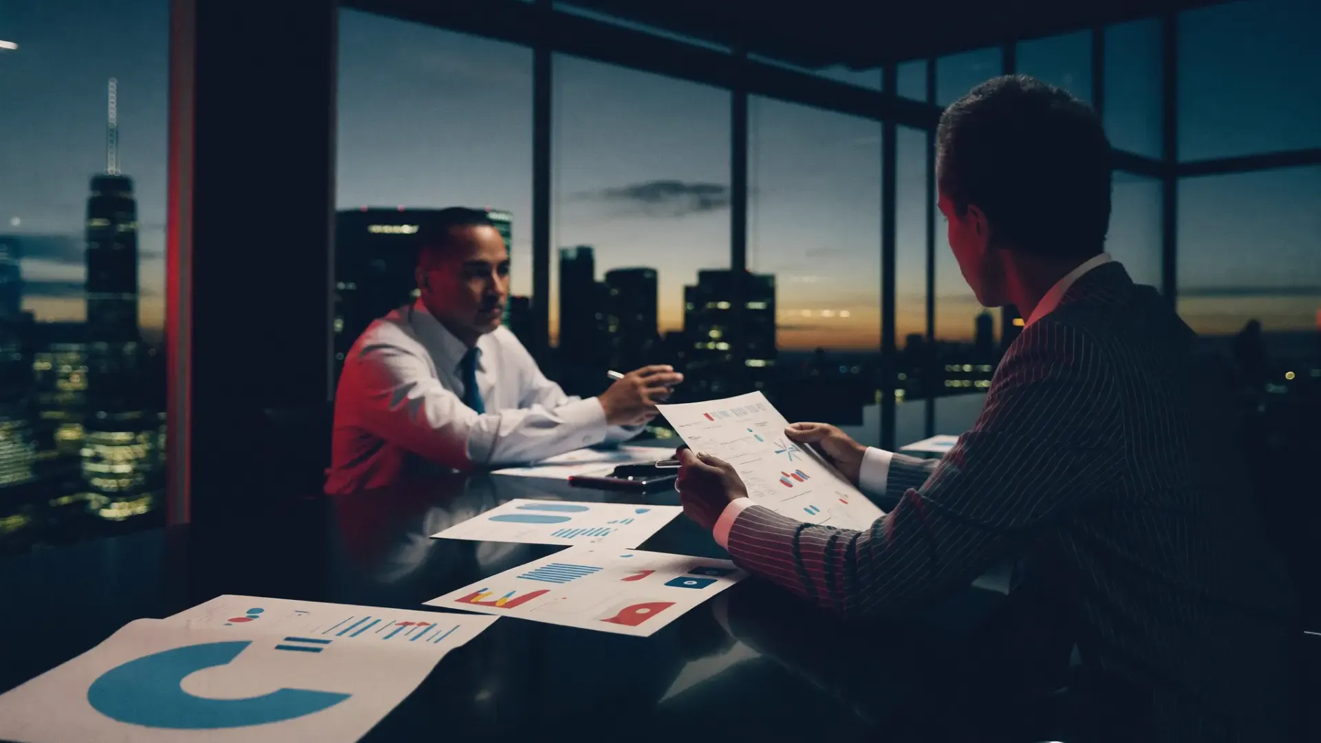 Executives reviewing strategy charts in a boardroom at dusk