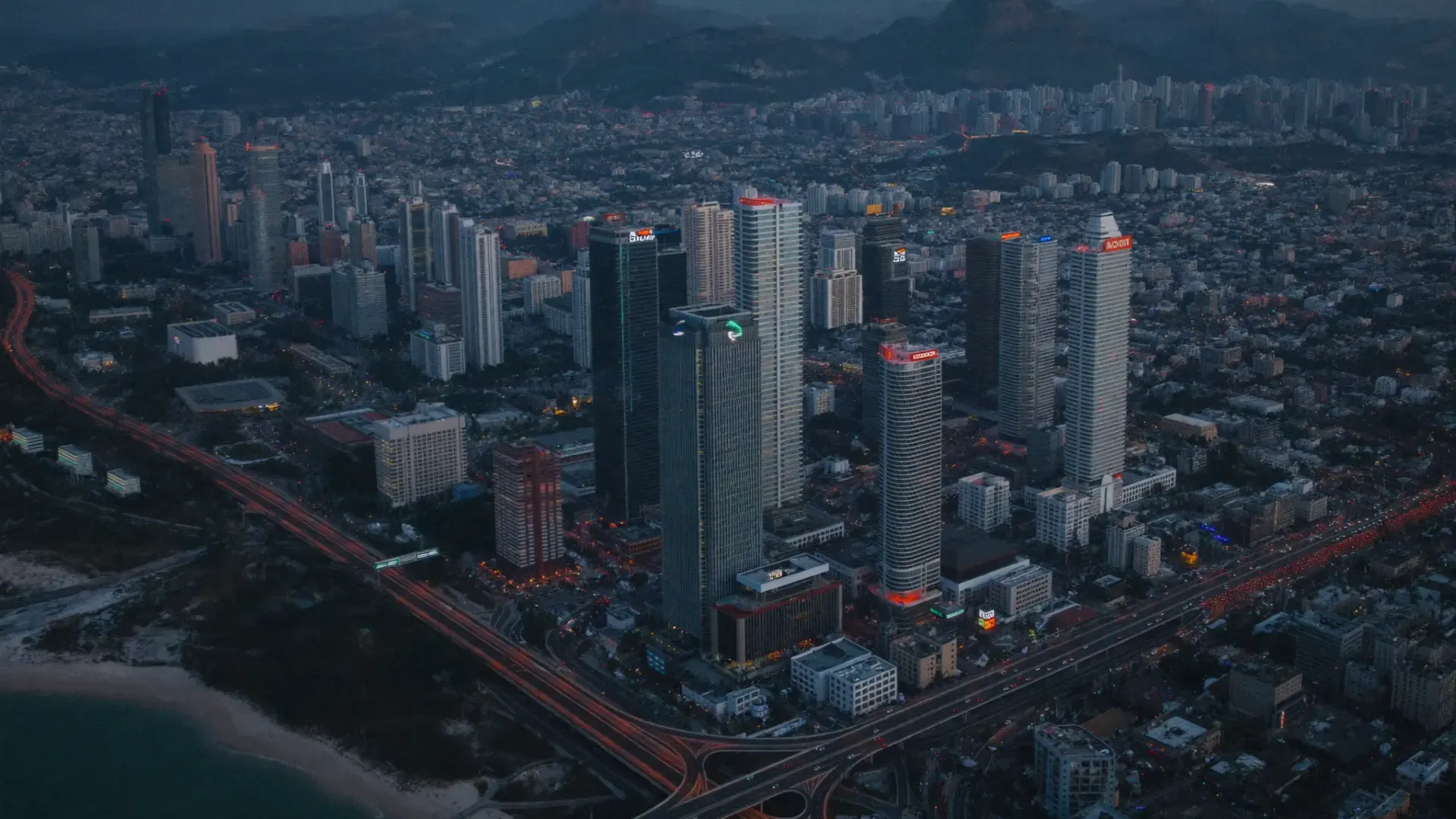 Aerial view of a modern African business district at blue hour