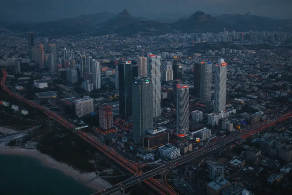 Aerial view of a modern African business district at blue hour