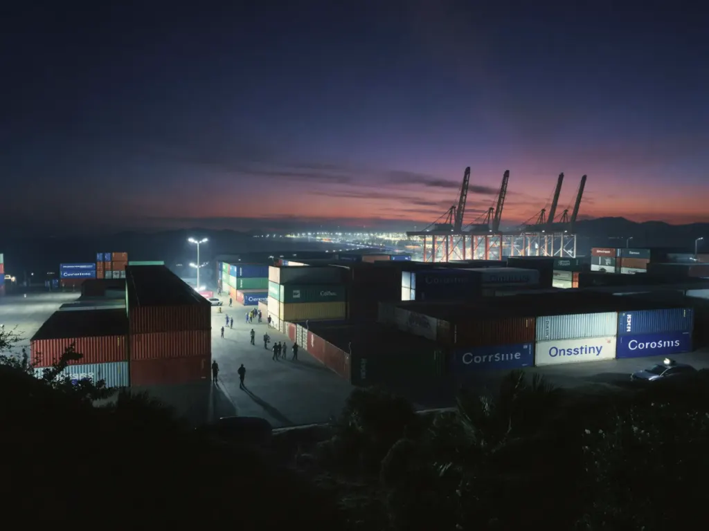 Container port with cranes at dawn