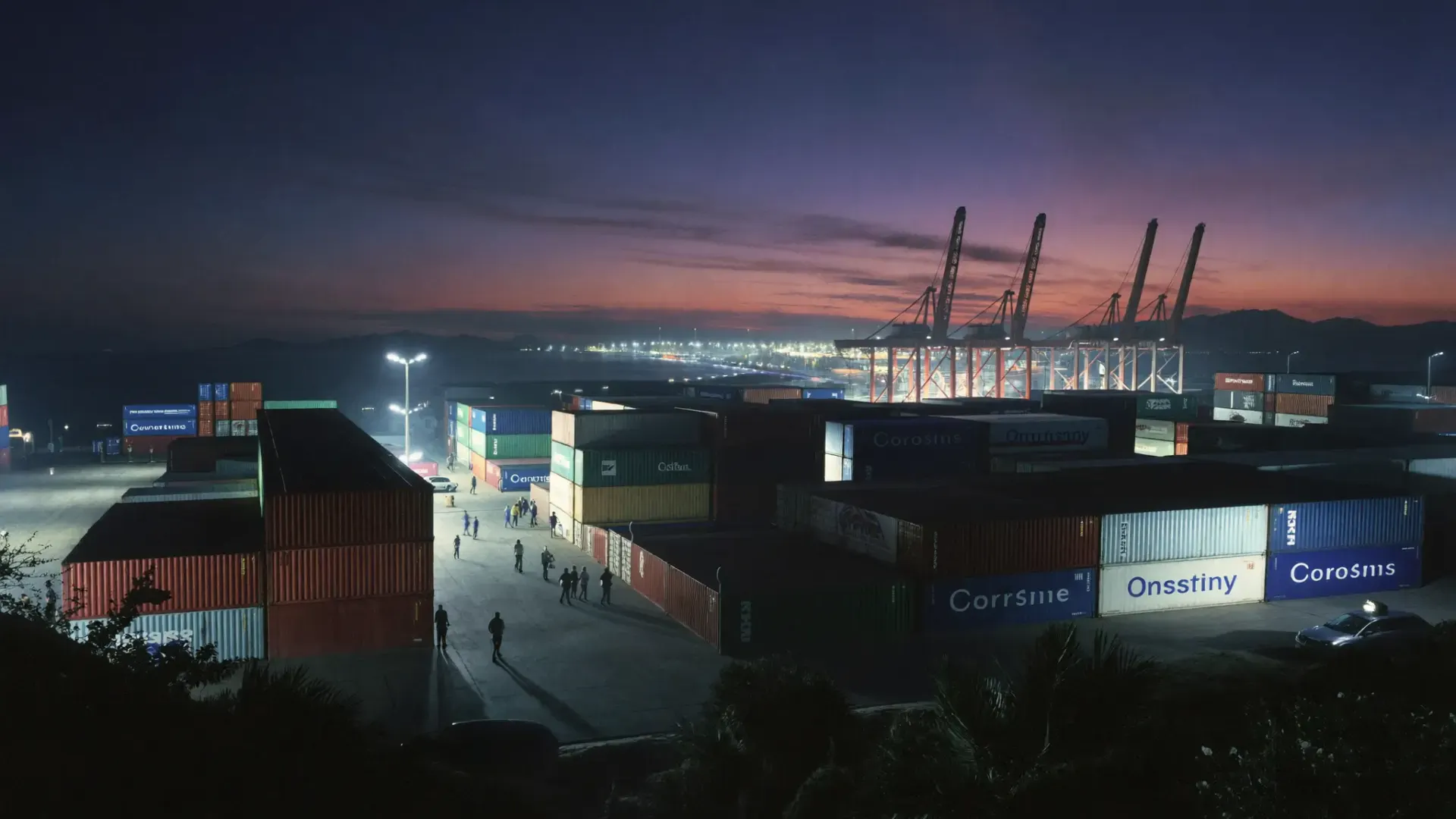 Container port with cranes at dawn