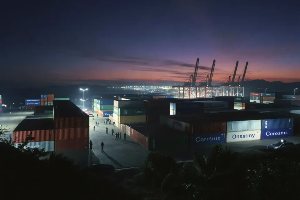 Container port with cranes at dawn