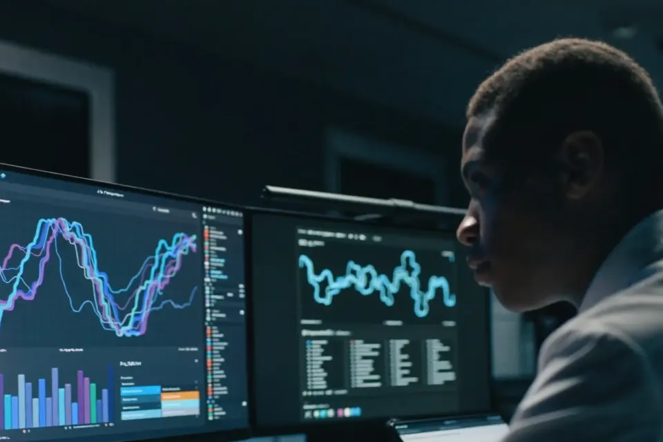 Analyst working with data visualisation screens