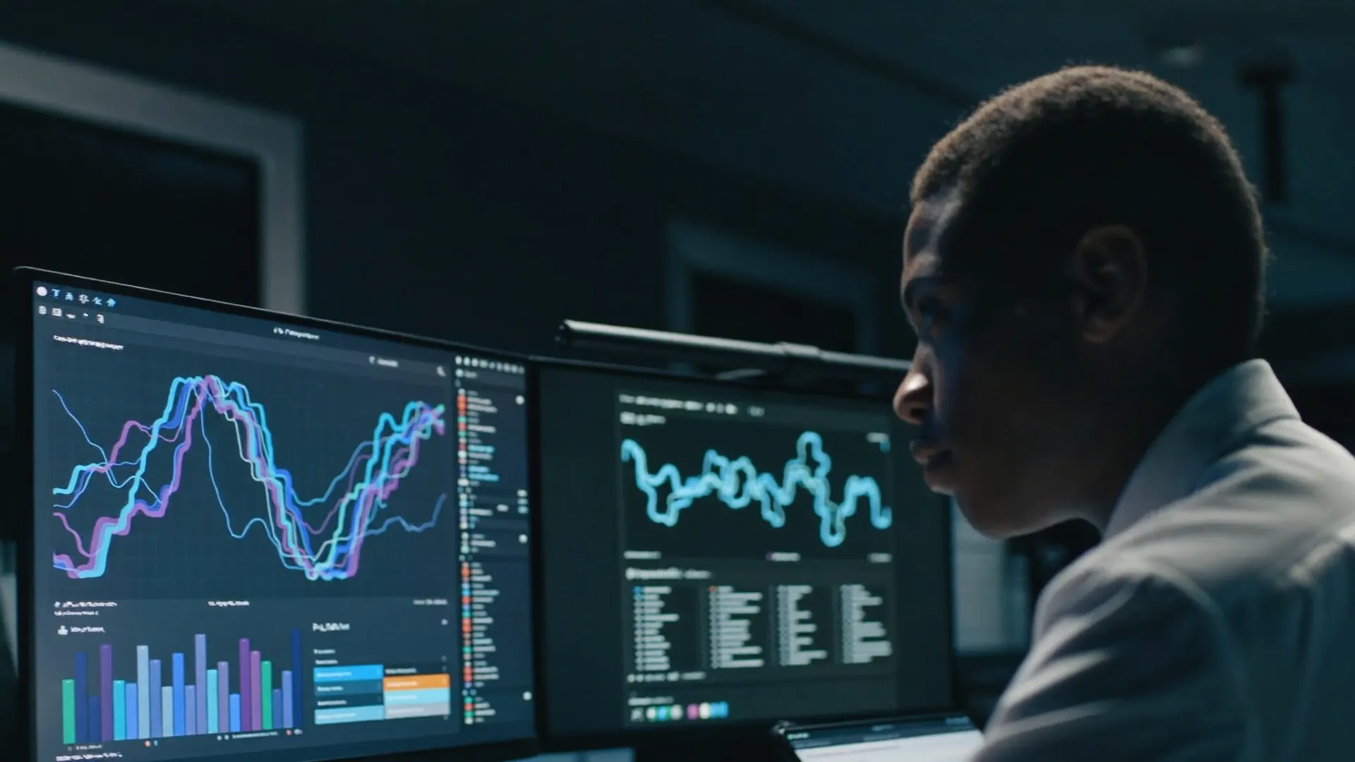 Analyst working with data visualisation screens
